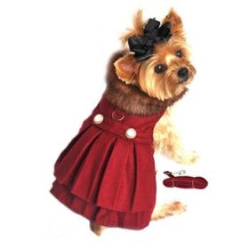 Wool Fur-Trimmed Dog Harness Coat - Burgundy (Color: Burgundy Wool Fur, size: X-Small)